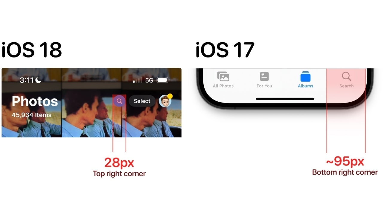 iPhone Photos app search bar size - iOS 18 vs iOS 17.