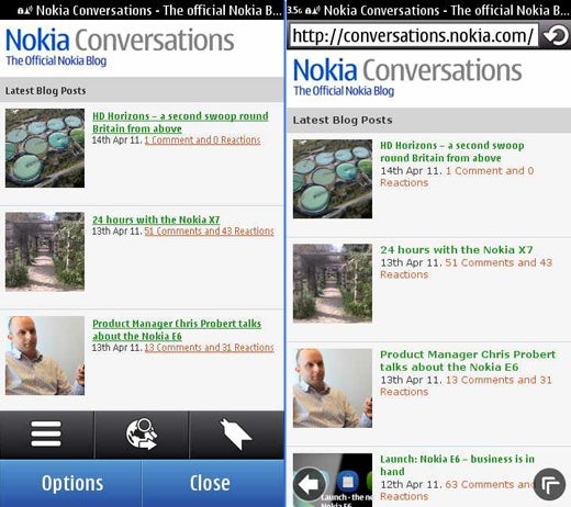 Nokia's Browser 7.3 is on the right - Symbian Anna Review
