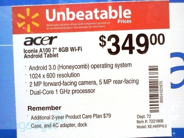 Acer Iconia Tab A100 appears for $349 in Walmart system, might hit in time for the Android 3.2 Honeycomb update