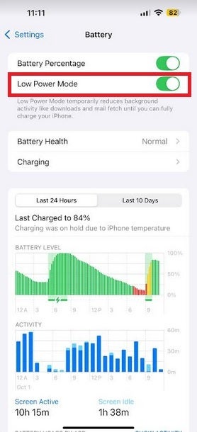 iOS screenshot shows you where the Low Power Mode toggle is located.