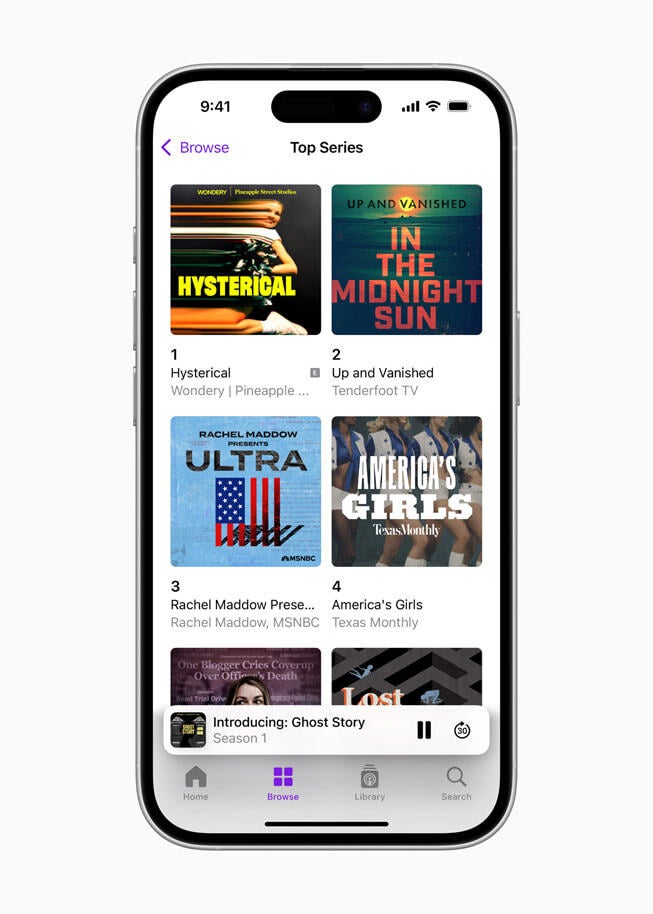 The Apple Podcasts app interface on an iPhone, displaying a chart of the top podcast series.