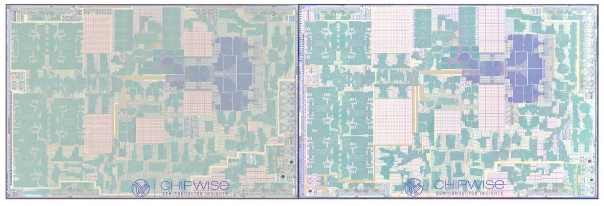 Side-by-side die shots of the A18 and A18 Pro show the latter has more transistors.