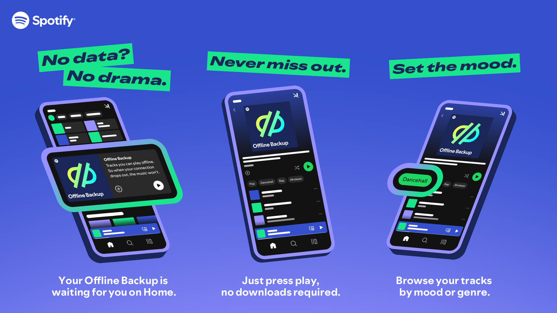 The screens of three smartphones displaying Spotify&amp;#039;s new feature, set against a blue background.