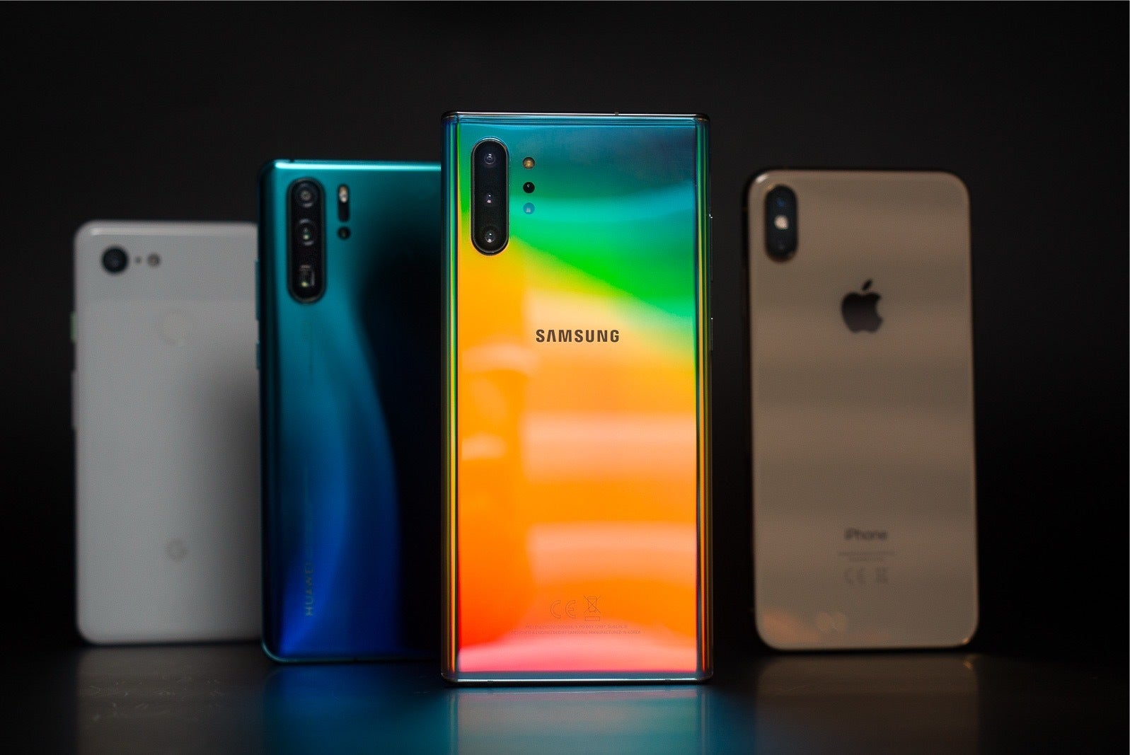 An image showing a lineup of Samsung Galaxy Note 10 devices