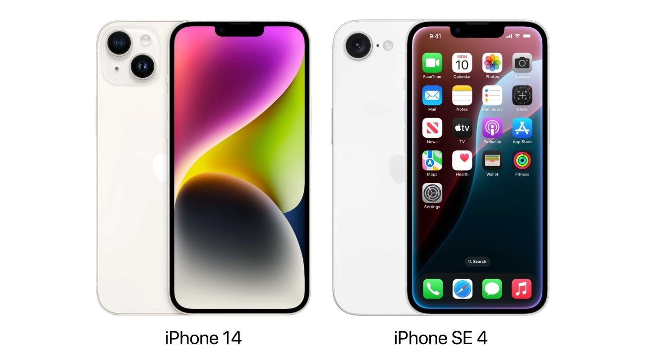 iPhone 14 and alleged iPhone SE 4 design images compared.