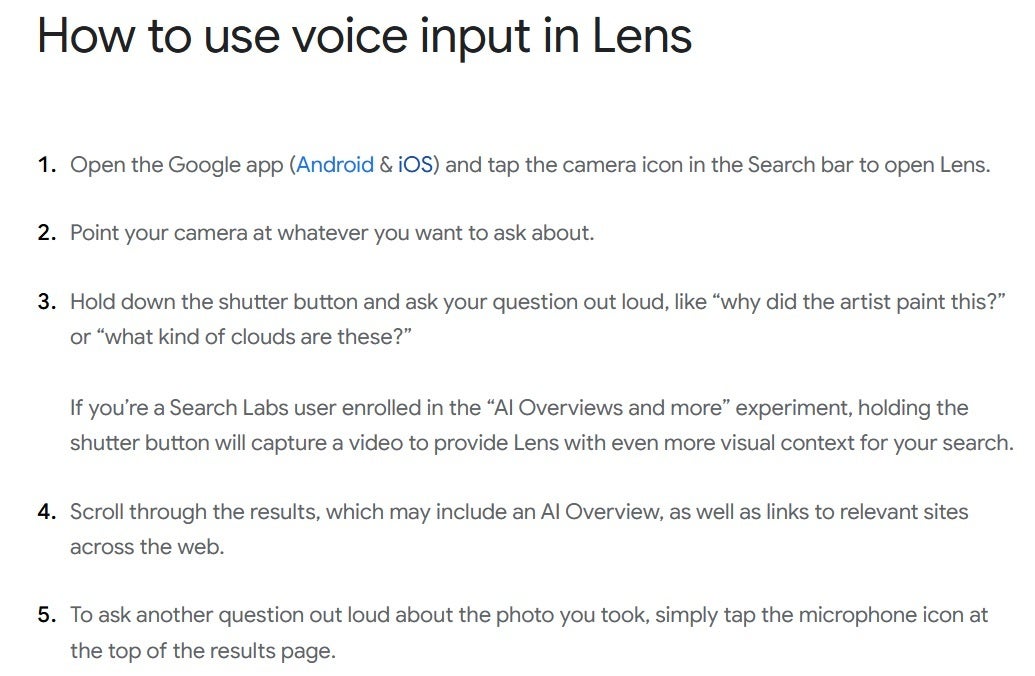 Steps to use voice input to search with Google Lens.