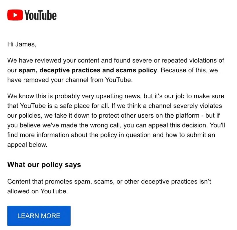 YouTube says a bug led it to mistakenly remove channels created by some users of the streaming app. | Image credit-9to5Google - YouTube starts restoring accounts, playlists, and channels accidentally removed by a "bug"