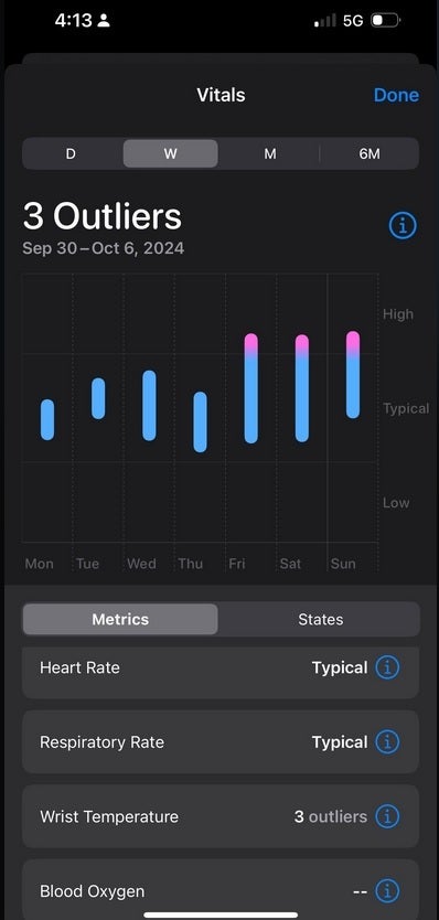 Screenshot of the Vitals app which gives users a heads up before they get sick,