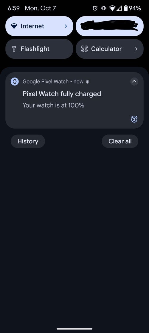 A screenshot of the &amp;quot;Fully Charged&amp;quot; notifications on Android for the Pixel Watch