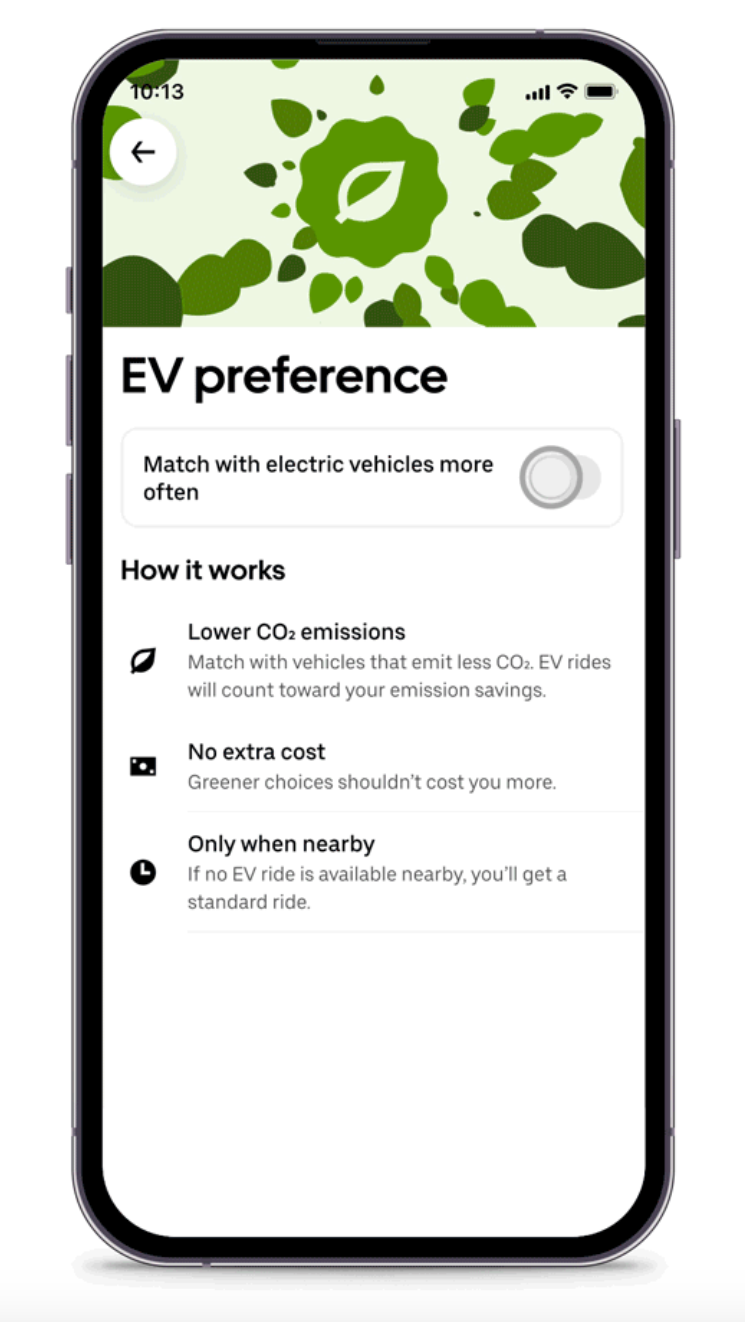  The Uber app interface on a phone, displaying exclusively electric vehicle options.