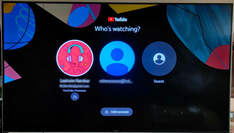 Screenshot of the new "who's watching" screen in the YouTube app on Android TV