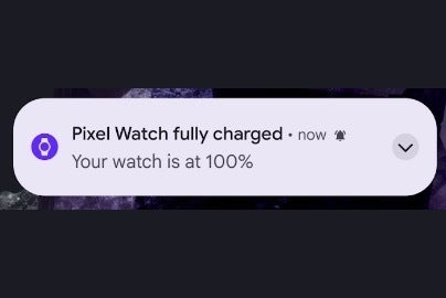 A screenshot of the &amp;quot;fully charged&amp;quot; notification feature on Pixel Watches