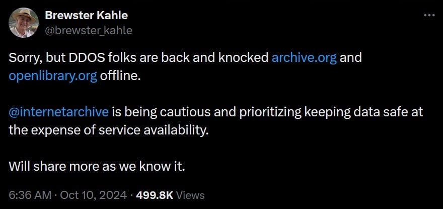 Internet Archive founder Brewster Kahle tweets about a second DDoS attack on the Internet Archive that took place this morning. | Image credit-&quot;X - The 31 million registered members of a particular site need to change their passwords ASAP