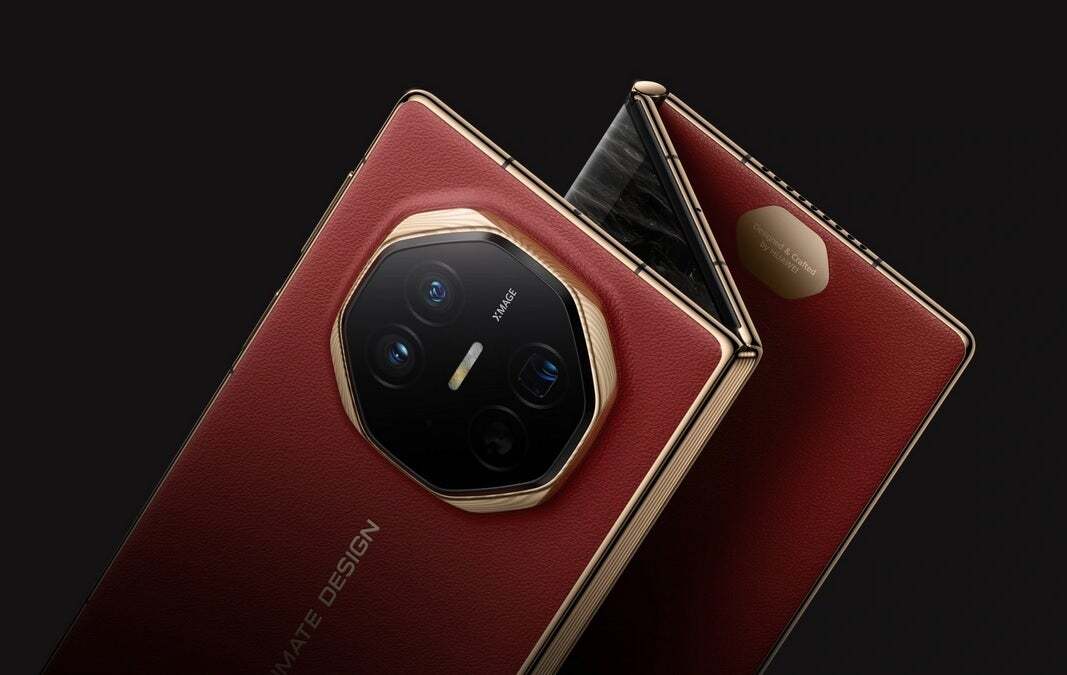 The tri-fold Huawei Mate XT slightly opened to reveal an accordian-like design.