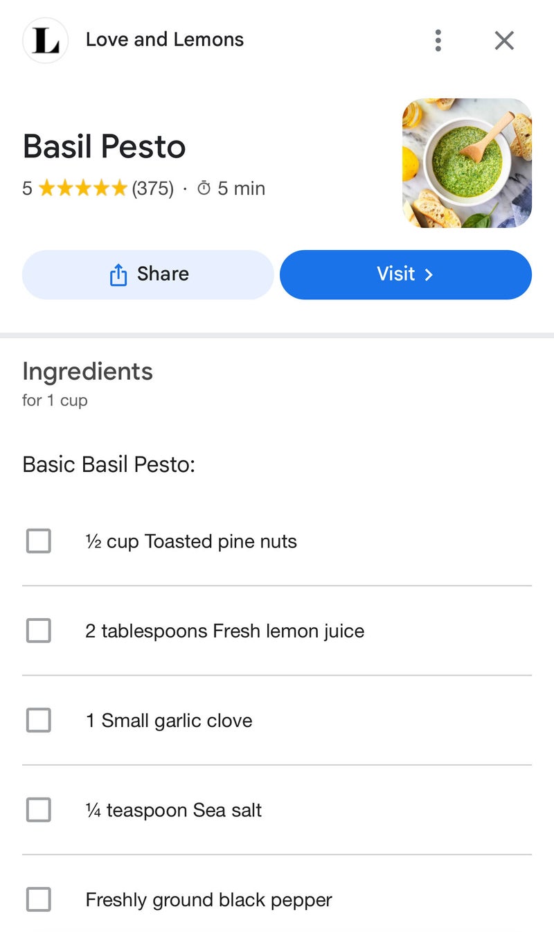 Google's new test brings full recipes to search results