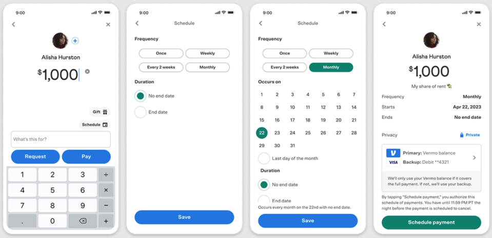 Screenshots from the new scheduling options in Venmo.