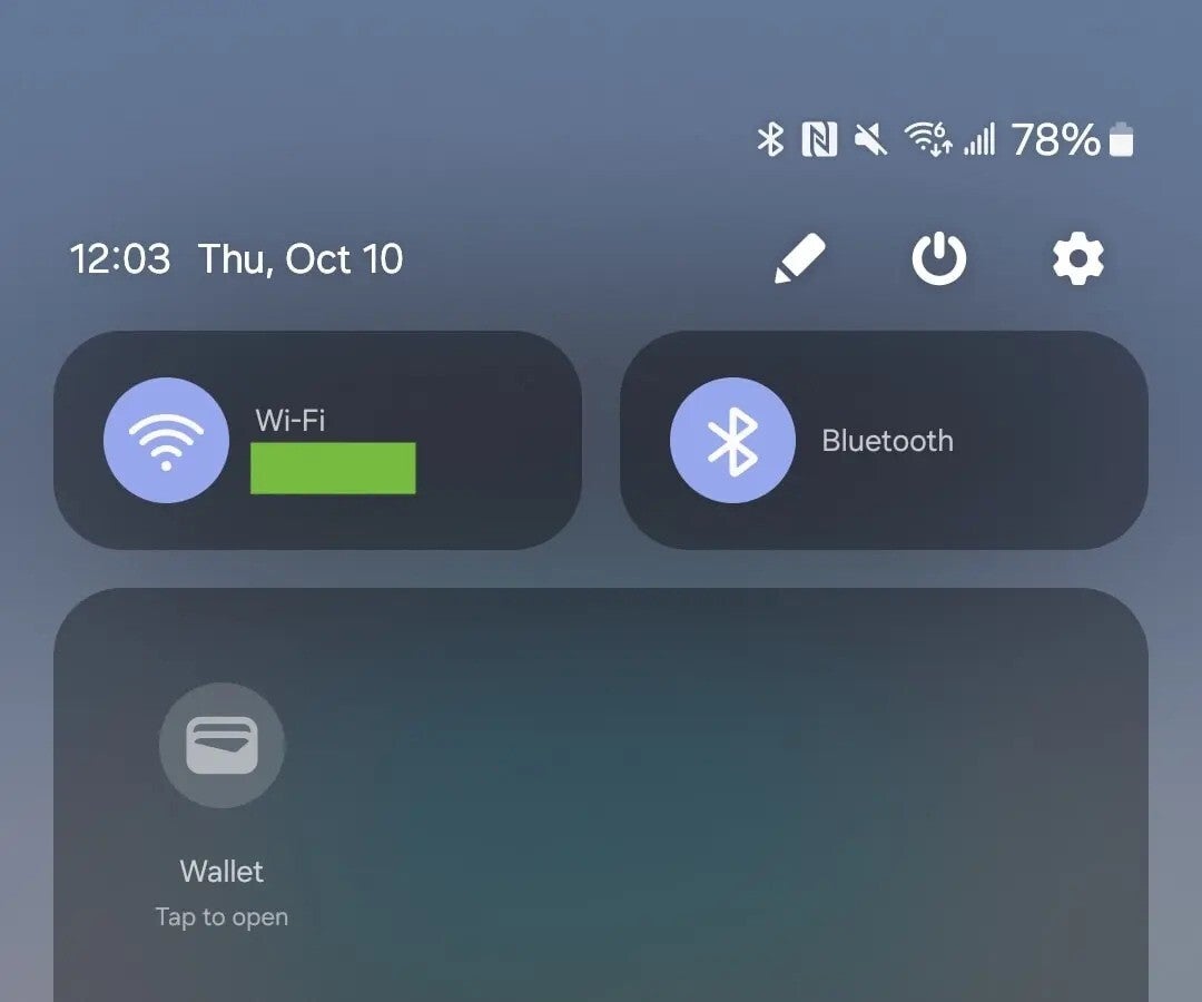 The quick settings menu on a smartphone, showing icons for Wi-Fi, Bluetooth, Wallet, and other settings.