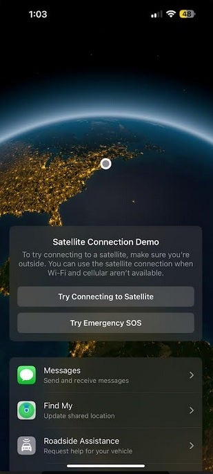 Screenshot shows how you can demo Messages via satellite on iOS 18.