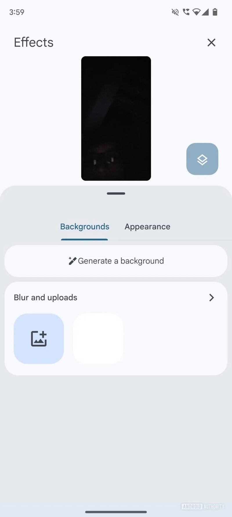 Smartphone effects menu with options for backgrounds, appearance, and blur.