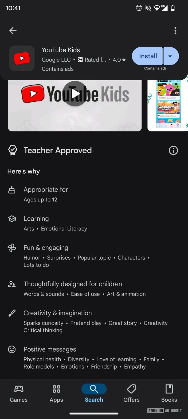 The YouTube Kids app screen, showing information about the app, including its rating, content description, and download button.