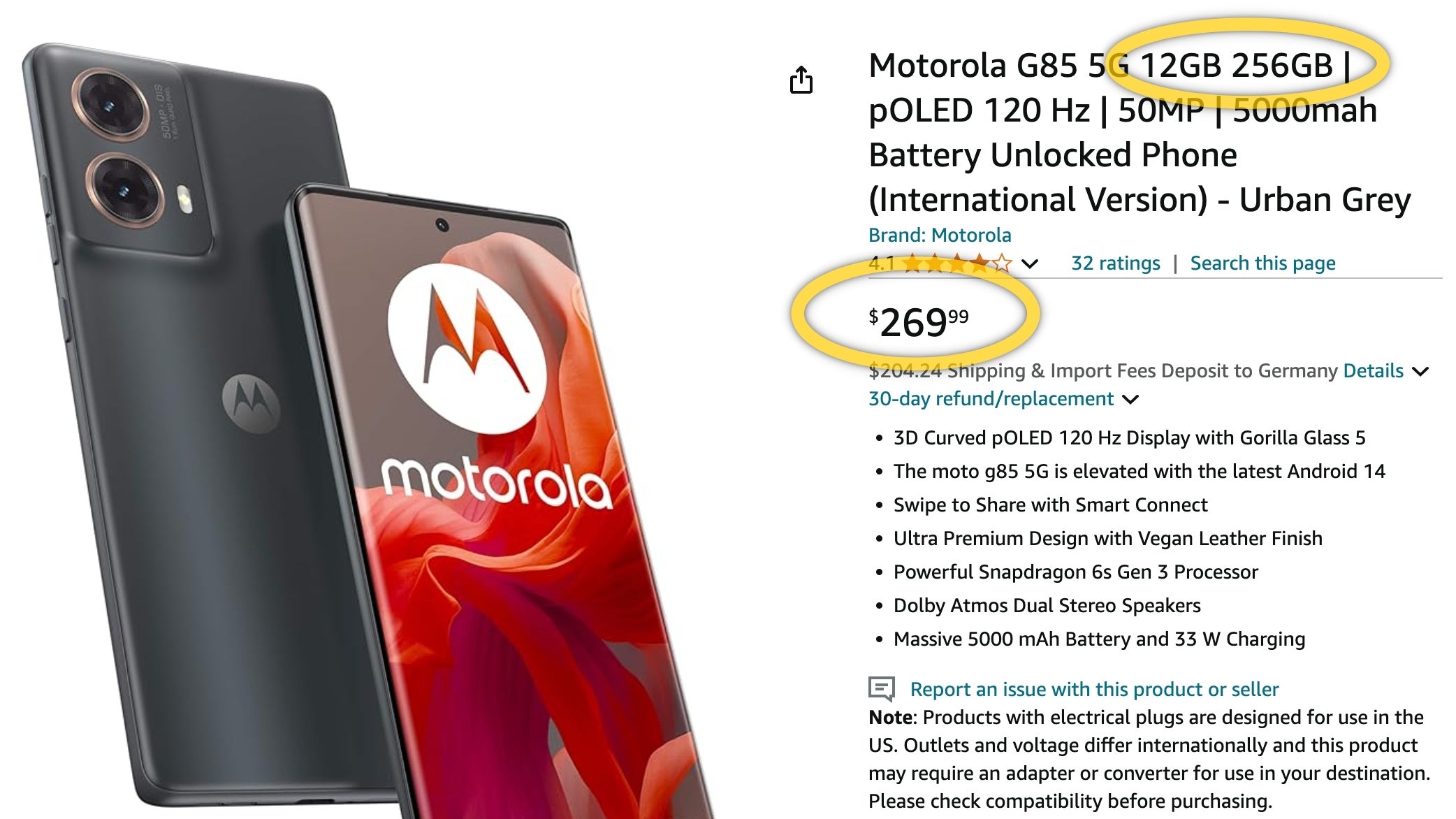 Moto G85 Amazon listing.