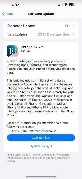 Apple releases iOS 18.1 Developer Beta 7