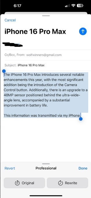 Writing Tools changes the tone of an email. | Image credit-PhoneArena - Compatible iPhone models are now closer to the widespread release of Apple Intelligence