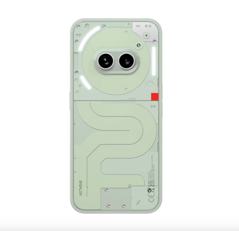 The back panel of the Nothing Phone 2a, featuring a transparent design with visible internal components.