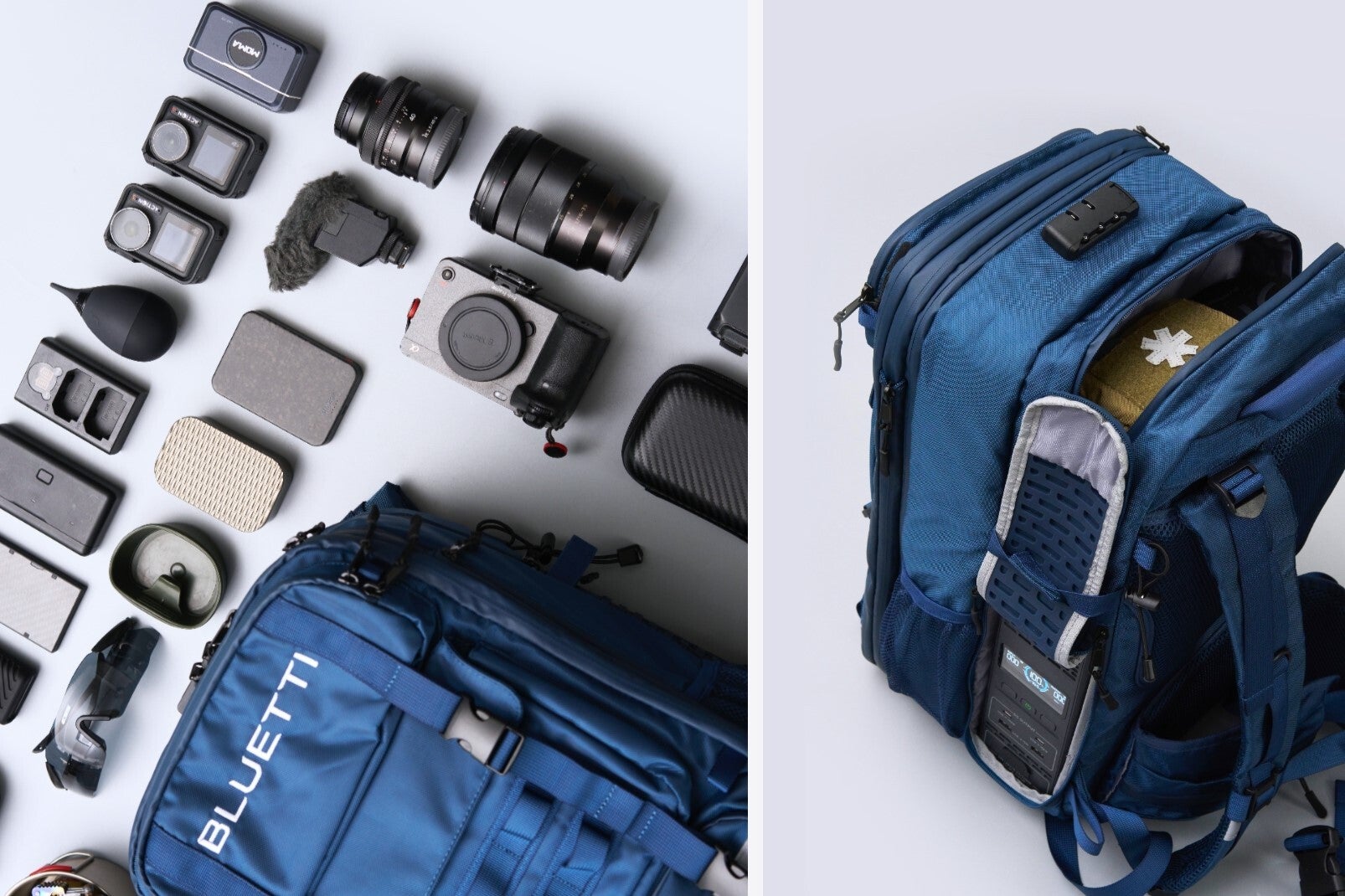 Bluetti Handsfree 1 Backpack, surrounded by nearly arranged camera gear and accessories.