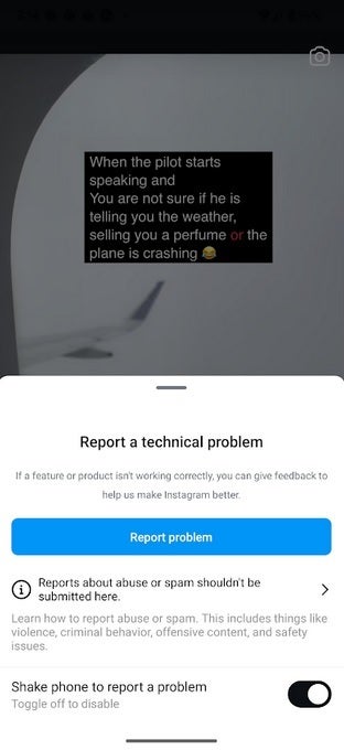 If you want to report a problem with Instagram, shake your device with the Instagram app open to start the process. | Image credit-PhoneArena - Android 15 update cripples Instagram