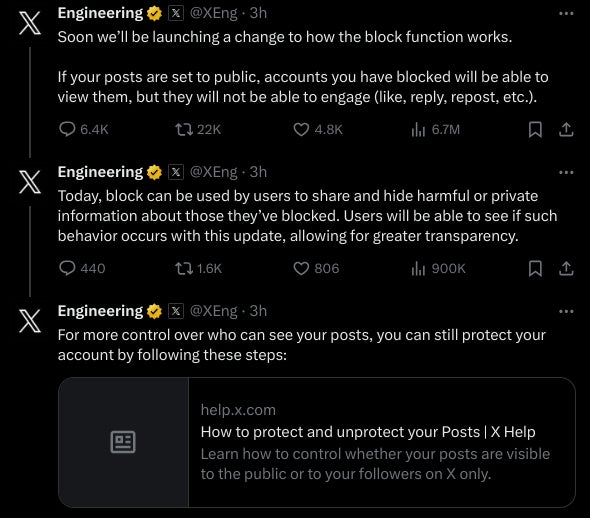 Screenshot of the X post announcing changes to blocking functionality