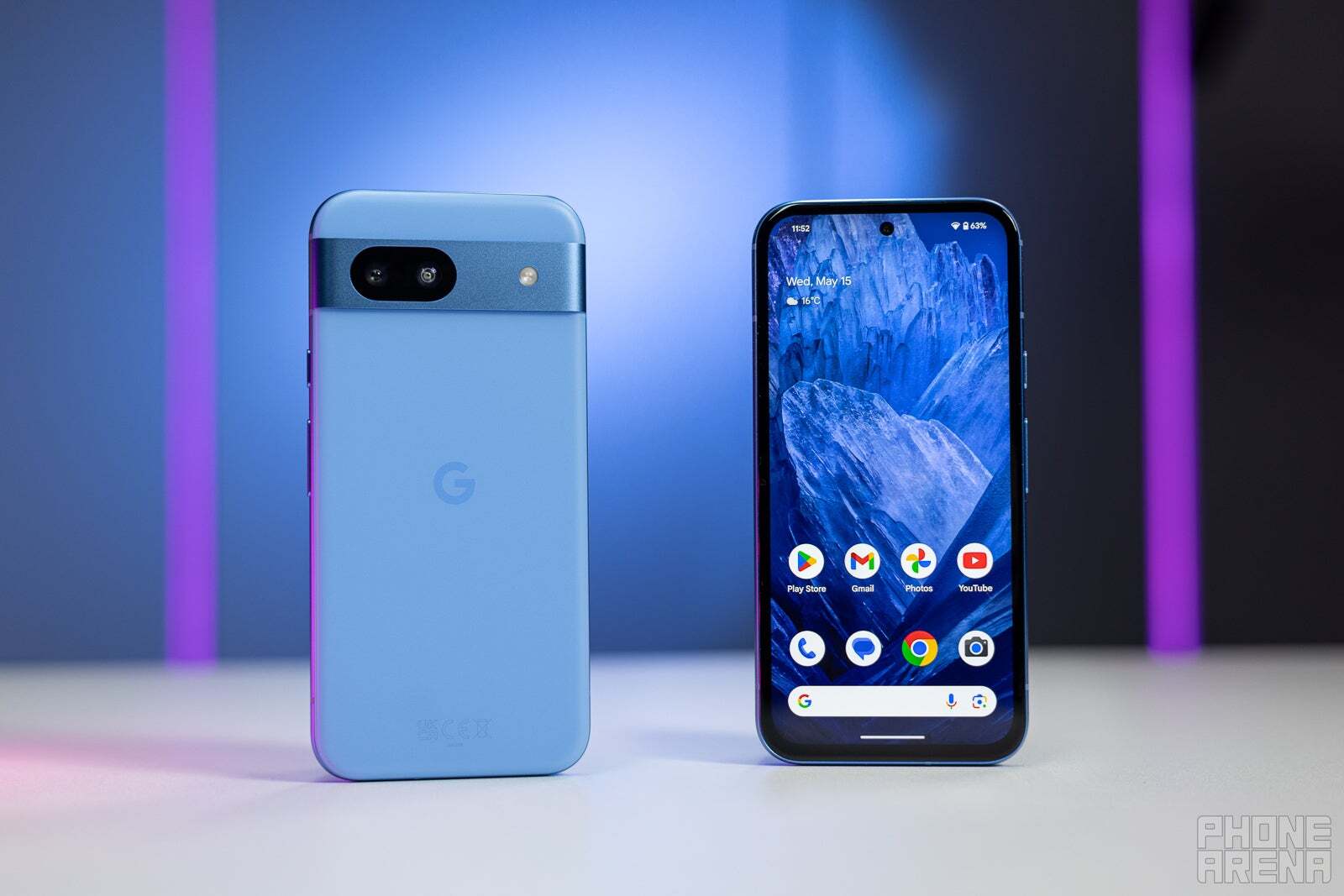 The Pixel 8a from the back and the front.