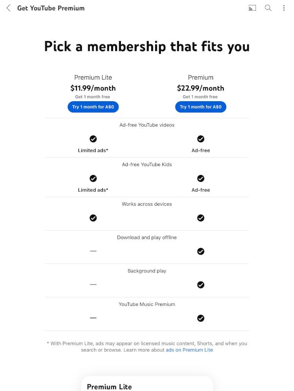 YouTube Premium Lite vs. YouTube Premium comparison