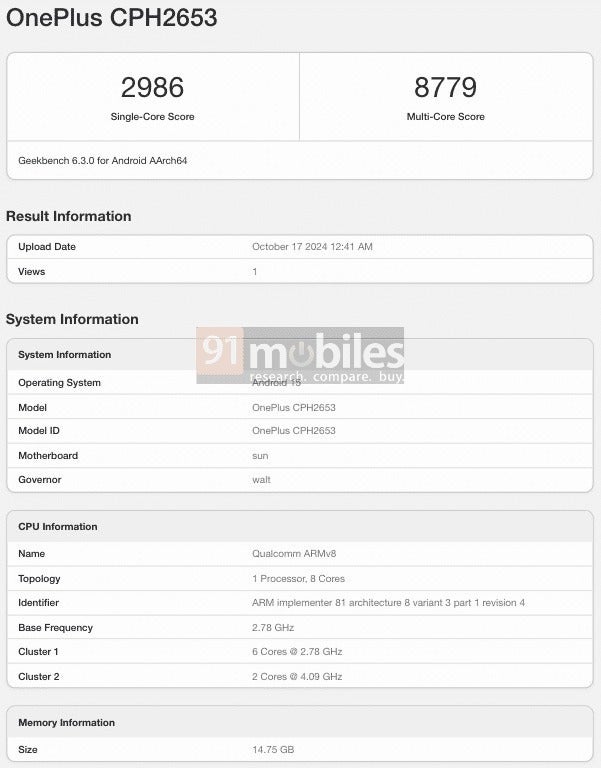 Alleged OnePlus 13 Geekbench listing of the global variant. | Image credit to 91Mobiles - OnePlus 13 global variant appears on Geekbench with impressive scores