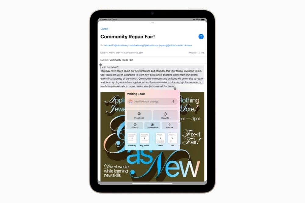 An official image of the iPad Mini running its AI writing tools