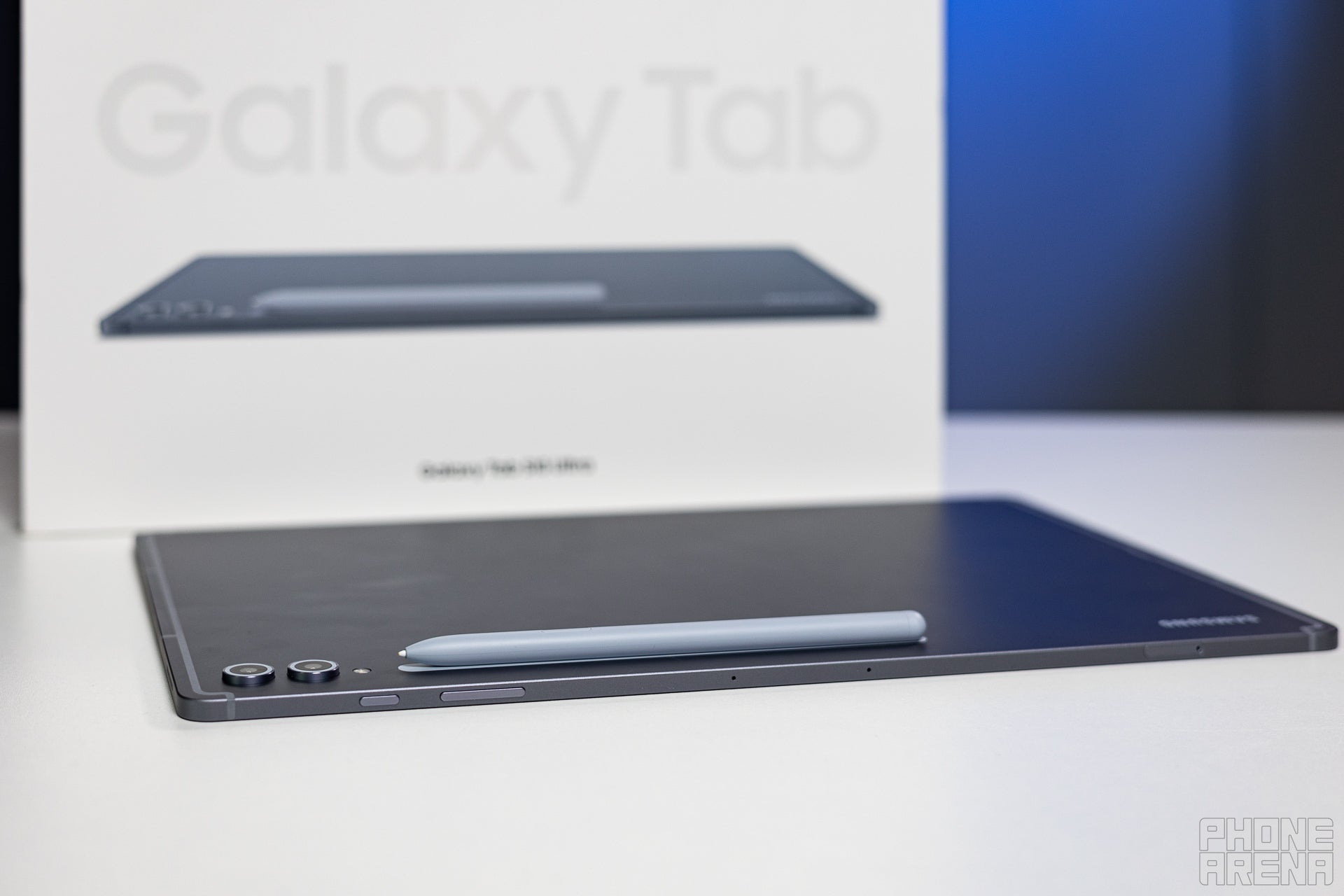 Galaxy Tab S10 Ultra pictured as on its own box, with the S Pen on top of it