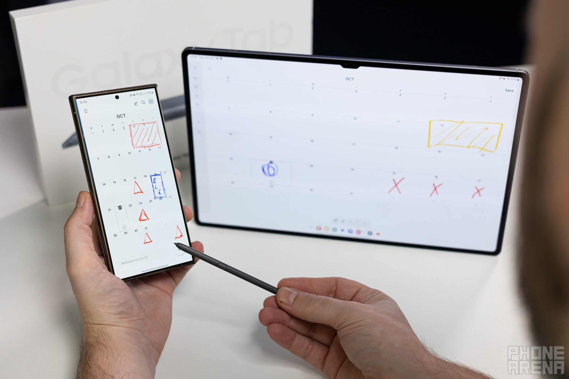 Calendar app open on Galaxy S24 Ultra and Galaxy Tab S10 Ultra, with scribbled and crossed out dates