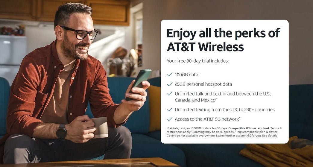 AT&amp;T's free trial includes 100GB of data and 25GB personal hotspot data. | Image credit-AT&amp;T - If you have an iPhone and live in the U.S., you can test drive the AT&T network free for 30 days