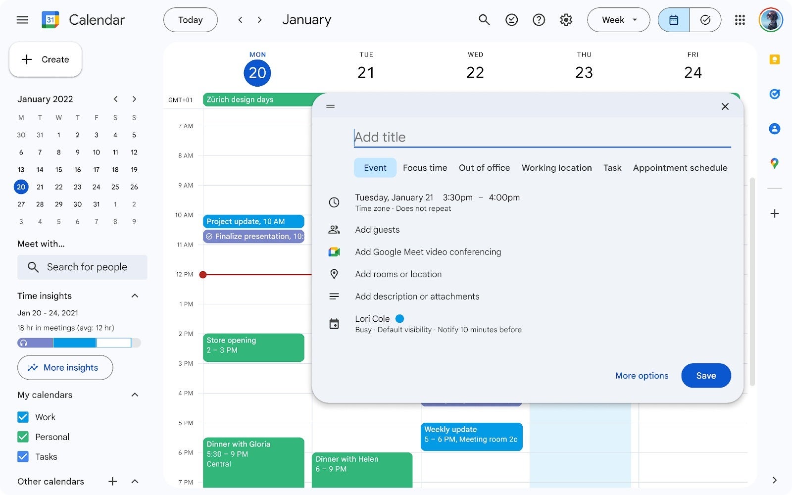 A screenshot of Google Calendar on the web in light mode