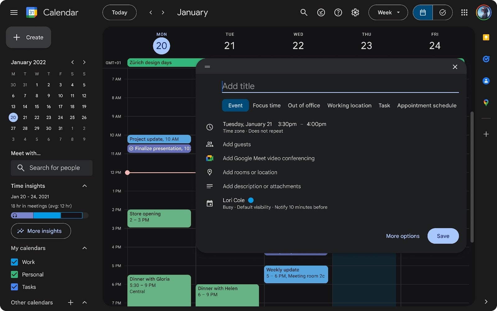 A screenshot of Google Calendar on the web in dark mode