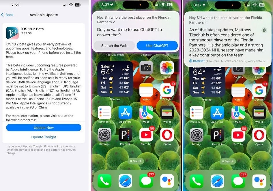 iOS 18.2 beta 1 brings ChatGPT integration to Siri. | Image credit-PhoneArena - Apple releases iOS 18.2 beta 1 with Genmoji, Image Playground and more useful Siri