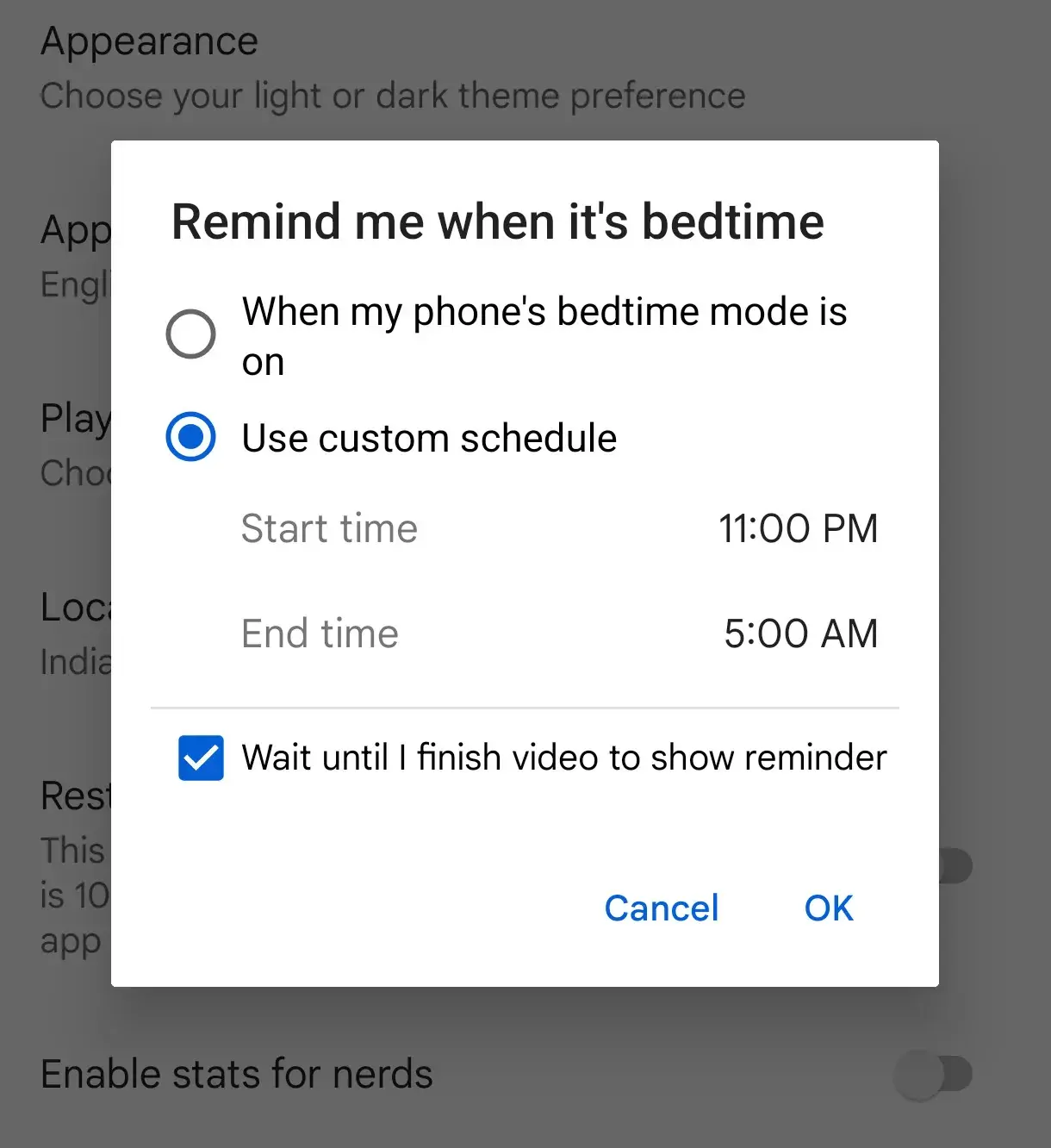 Screenshot of the bedtime routine option that has a custom schedule option available.