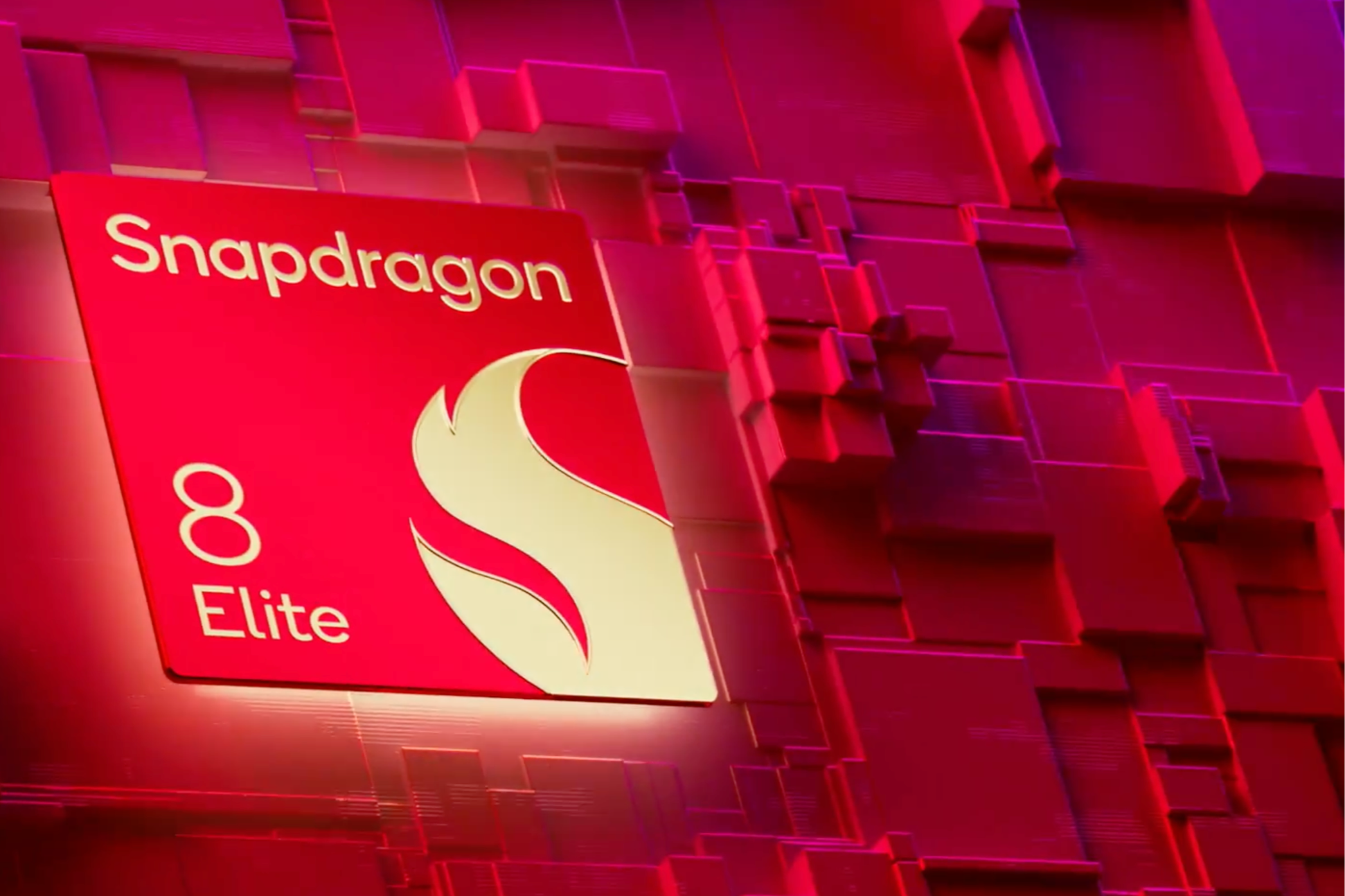     Snapdragon 8 Elite logo. It features a red background and a stylized flame symbol.