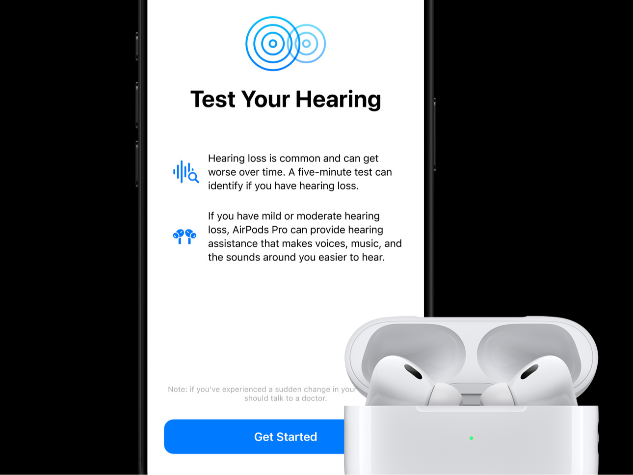 The screen of an iPhone showing a hearing test prompt and a pair of AirPods Pro.