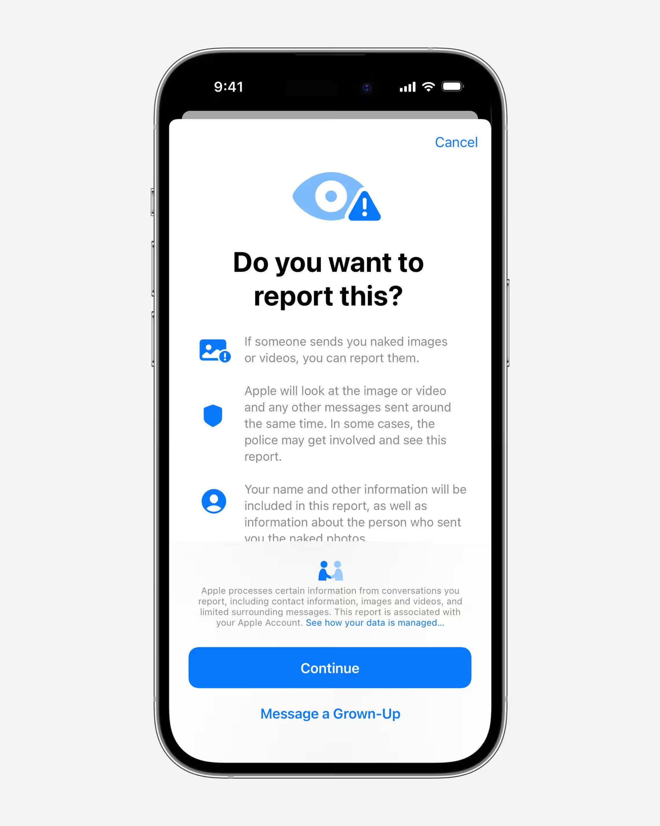 Smartphone screen with a message about reporting inappropriate content.