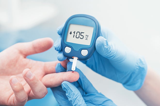 A glucometer uses a blood prick placed on a disposable test strip to get diabetics&#039; blood glucose readings. | Image credit-PatientsEngage - Apple preps a blood-sugar app as it continues work on a non-invasive blood glucose sensor