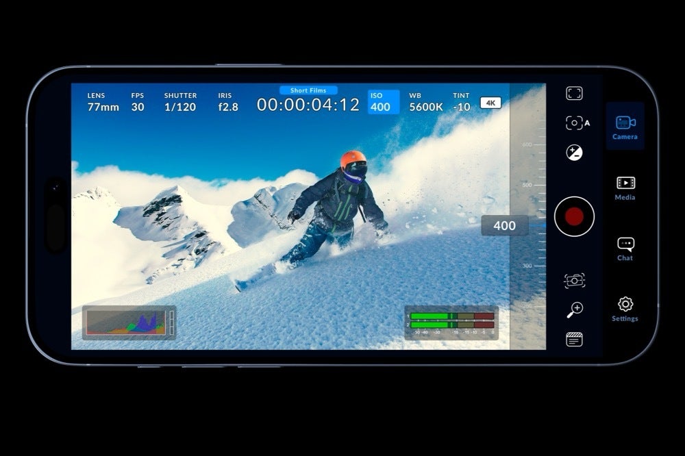 An image of an iPhone recording a person skiiing