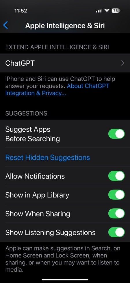 Screenshot of the iOS Apple Intelligence settings panel with ChatGPT integration