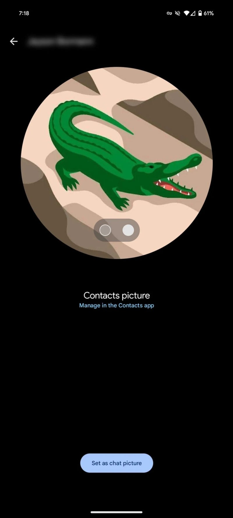 Smartphone screen showing Google Messages app interface with a crocodile profile picture.