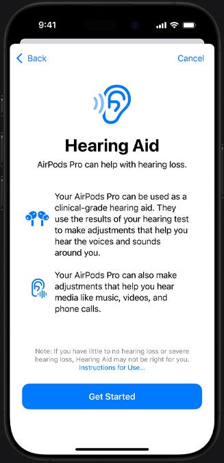 A screenshot of the hearing aid functions for AirPods Pro 2